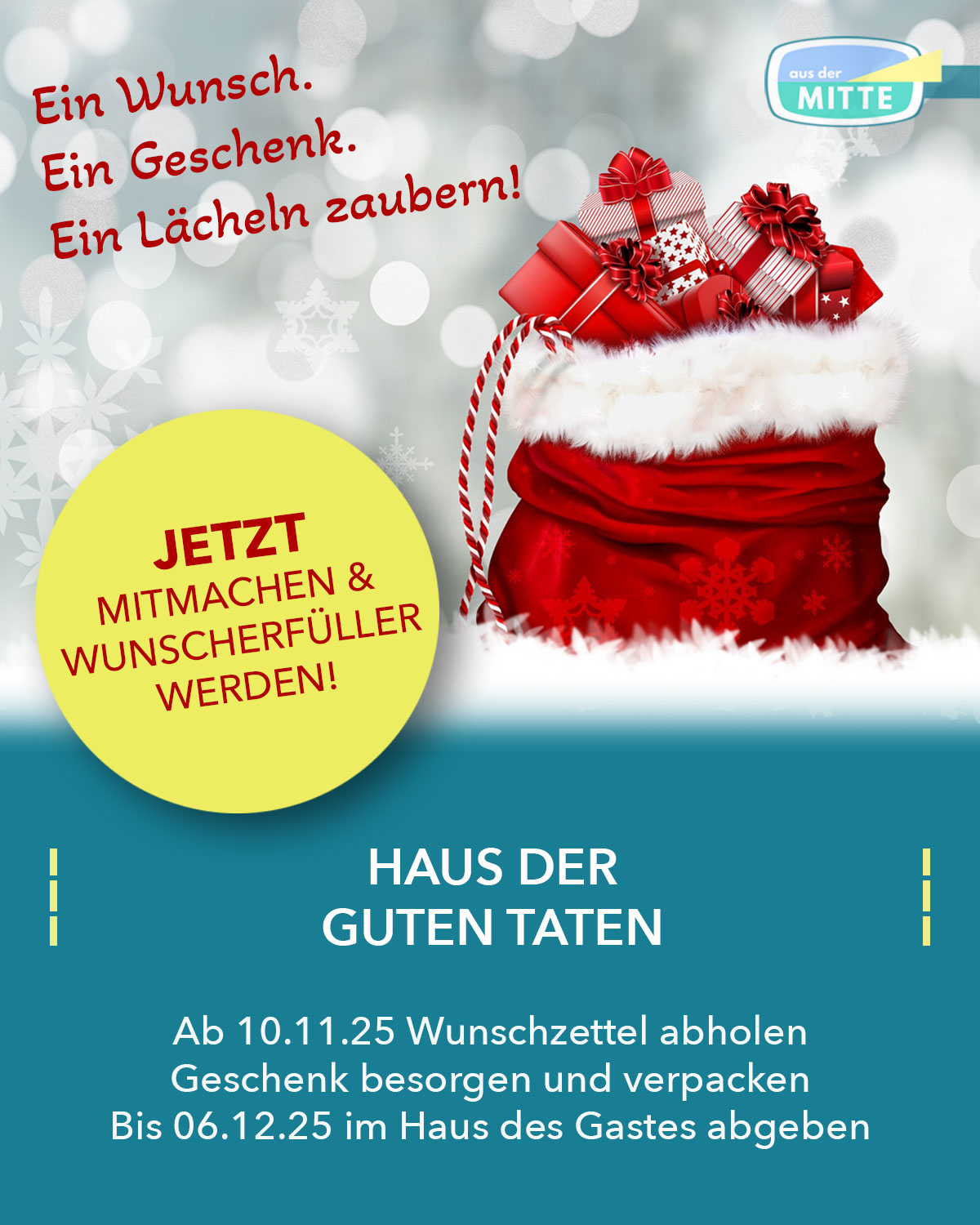 Beitragsbild zur Weihnachtsaktion „Haus der guten Taten“ mit Geschenk-Illustration und Aufruf, Kinderwünsche aus sozialen Einrichtungen zu erfüllen.