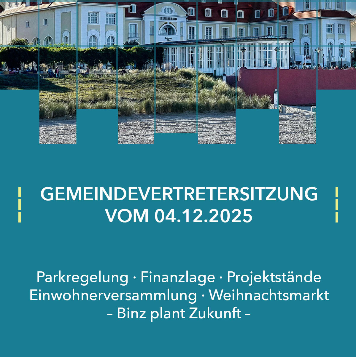 Außenansicht des Kurhauses Binz mit Text zur Gemeindevertretersitzung vom 04.12.2025 – Themen: Parkregelung, Finanzen, Projekte, Weihnachtsmarkt