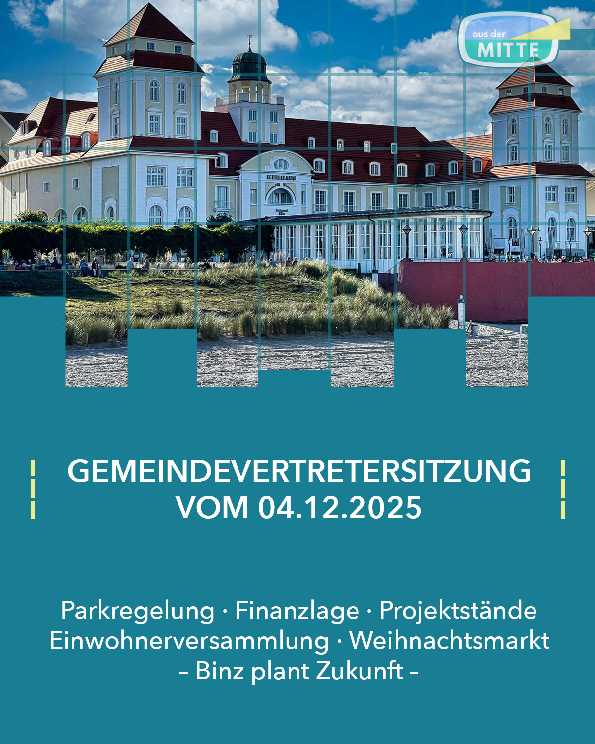 Komplettansicht des Bildes Außenansicht des Kurhauses Binz mit Text zur Gemeindevertretersitzung vom 04.12.2025 – Themen: Parkregelung, Finanzen, Projekte, Weihnachtsmarkt