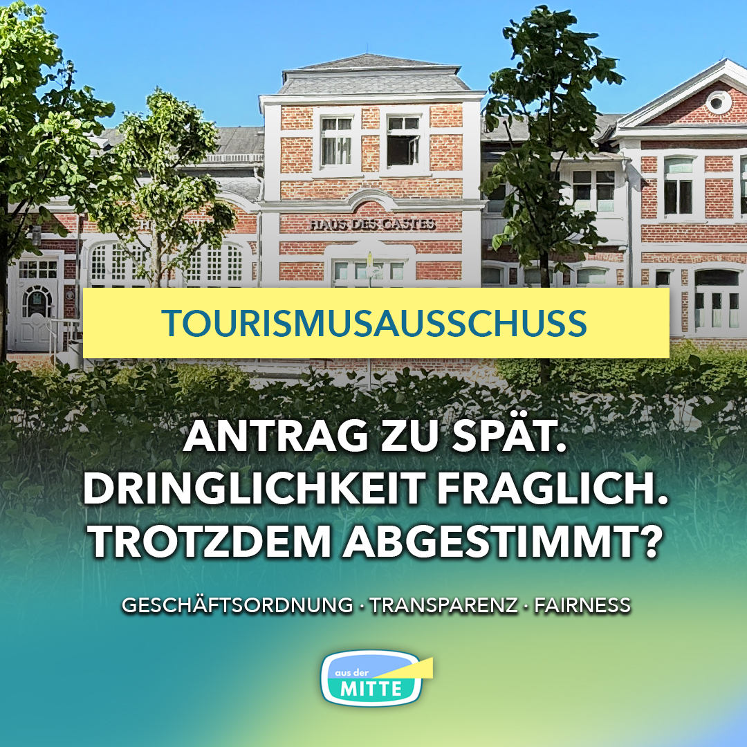 Beitragsbild zum Tourismusausschuss Binz am 02.06.2026 mit Haus des Gastes und Hinweis auf Geschäftsordnung, Transparenz und Fairness.