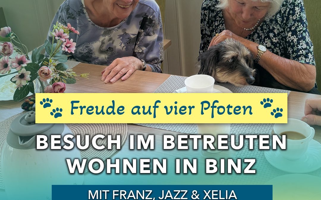 Bild von zwei Bewohnerinnnen mit Hundedackel Franz im betreuten Wohnen